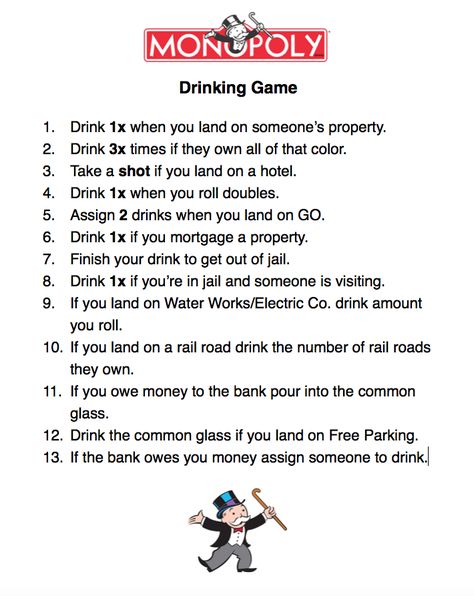 Monopoly Drinking Game! Monopoly Drinking Game, 21st Birthday Games, Drunk Games, Alcohol Games, Adult Game Night, Diy Party Games, Teen Party Games, Drinking Games For Parties, Fun Drinking Games