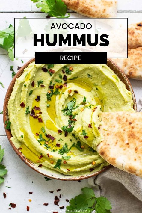 Creamy and rich avocado hummus is the perfect snack or dip. Made with ripe avocados, chickpeas, tahini, spices, and a splash of lime juice, this recipe is like hummus and guacamole all in one! Avacodo Hummus, Mediterranean Board, Chickpea Hummus Recipe, Avocado Hummus Recipe, Cilantro Hummus, Avocado Dressing Recipe, Avocado Pizza, Lentil Hummus, Avocado Dip Recipe