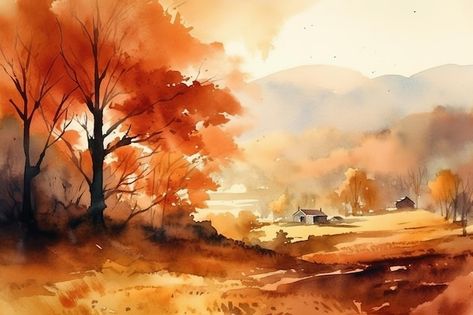 Watercolor Art Professional, Watercolour Autumn Landscape, Autumn Forest Watercolor, Watercolor Autumn Painting, Autumn Landscape Drawing, Autumn Watercolor Landscapes, Autumn Watercolor Paintings, Fall Landscape Watercolor, Autumn Watercolour