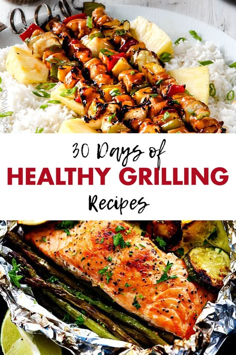 30 healthy dinner recipe ideas, all of which can be made on the grill! Perfect for summer family dinners and entertaining. #healthygrilling #healthyeating #grillingrecipes Recipes Salmon, Healthy Grilling Recipes, Grilled Dinner, Healthy Summer Dinners, Summer Grilling Recipes, Healthy Grilling, Summer Recipes Dinner, Summer Grilling, Grilled Chicken Recipes