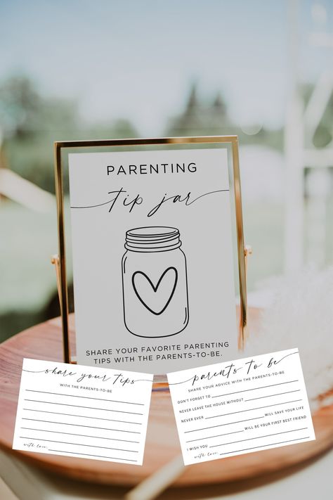 The parenting tip jar sign and advice card is perfect for the parents who are looking for some advice on how to raise their children. This product comes with a customizable baby shower sign that you can print out yourself, as well as personalized advice cards for the parents to take with them when they go out. The parenting tip jar sign also includes an instant download so that you can have the advice cards ready to go right away! **Please note this is a digital product - no physical item will be shipped to you. Once you have placed your order you will receive a link to edit your template online using the software Canva. get access immediately and create your perfect design! ---------------------------------- This Download Is An Editable Template  Includes: x1 Parenting Tip Jar Sign: (5 x Baby Shower For Coworker, Baby Shower Card Games, Baby Shower Activity Ideas, Baby Games For Baby Showers, Baby Shower Advice Ideas, Baby Shower Pictures Of Parents, Prizes For Baby Shower, Baby Shower Prizes For Games, Parenting Tip Jar