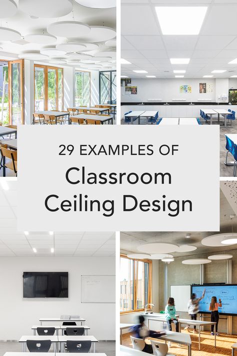 A blog post that covers 29 examples of classroom ceiling design ideas Classroom Ceiling, Vocal Health, Acoustic Ceiling, Ceiling Design Ideas, Acoustic Solutions, Suspended Ceiling, Noise Levels, Ceiling Tiles, Design Guide