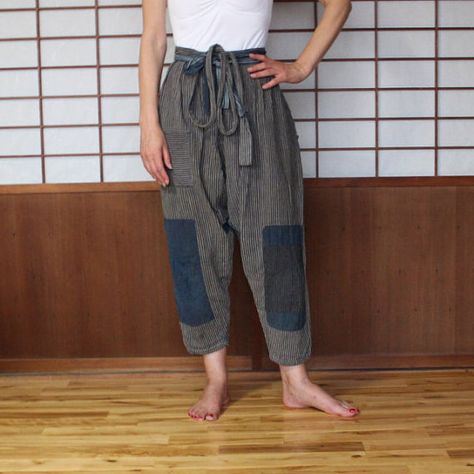 Noragi Japanese Farmer's Pant, Kasuri Striped Cotton Pants, Japanese ... Upcycle Pants, Patched Pants, Farmer Style, Japanese Pants, Japanese Boro, Patch Pants, Streetwear Inspo, Japanese Textiles, Japanese Streetwear