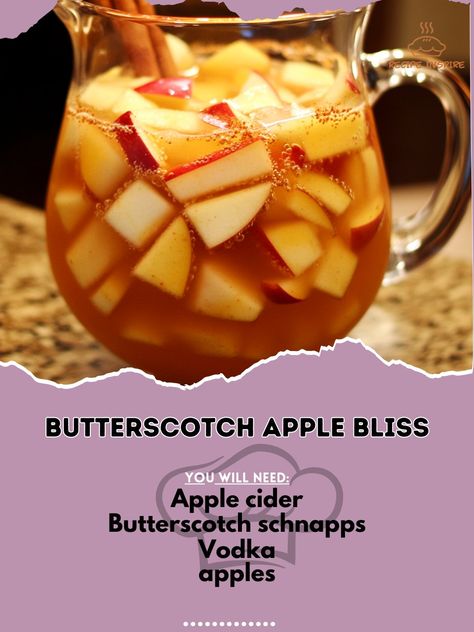 🍎🍬 Treat yourself to fall's ultimate dessert cocktail with Butterscotch Apple Bliss – a true indulgence! #ButterscotchBliss #AutumnDelight Butterscotch Apple Bliss Ingredients: Apple cider (2 cups) Butterscotch schnapps (1/2 cup) Vodka (1/4 cup) Sliced apples (1) Ground cinnamon (1/2 tsp) Ice (as needed) Instructions: In a pitcher, combine apple cider, butterscotch schnapps, and vodka. Add sliced apples and ground cinnamon. Stir well and chill for 1-2 hours. Serve over ice. Sip on sweet p... Apple Cider Butterscotch Schnapps, Apple Cider And Butterscotch Schnapps, Butterscotch Schnapps Recipes, Cocktails With Butterscotch Schnapps, Drinks With Butterscotch Schnapps, Butterscotch Cocktail, Fall Drinks Alcohol, Apple Schnapps, Apple Cider Drink