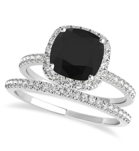 Cushion Black Diamond Halo Bridal Set 18k White Gold Black Square Engagement Ring, Black Diamond Wedding Rings Sets, Black Engagement Ring Set, Black Diamond Bridal Set, Black Diamond Engagement Ring Halo, Gothic Wedding Rings, Black Diamond Wedding Rings, Halo Bridal Set, Square Engagement Rings