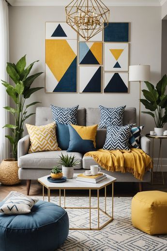 Blue Green Yellow Grey Living Room, Grey Yellow Blue Living Room, Modern Decor With Color, Yellow Gold Living Room, Navy Blue Living Room Decor Ideas, Navy Gold Living Room, Blue And Yellow Interior, Yellow And Blue Living Room, Blue Yellow Living Room