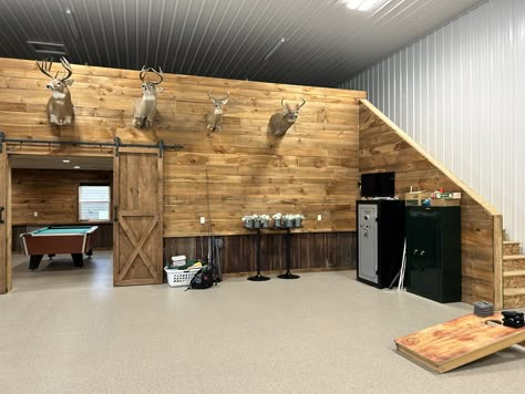 Interior Shop Ideas, Home Made Garage Shelves, Shop With Mezzanine, Garage With Mezzanine, Metal Building Shop Interior Ideas, Shop With Man Cave, Rustic Garage Interior, Pole Barn Apartment, Shops Designs Ideas