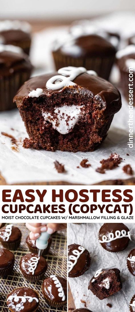 Hostess Cupcakes (Copycat) is the perfect moist chocolate cupcake with marshmallow cream filling, fudgy chocolate glaze, and piped white glaze on top. Hostess Cakes, Hostess Cupcakes, Dinner Then Dessert, Chocolate Cupcakes Moist, Broma Bakery, Store Bought Cake, Marshmallow Cream, Marshmallow Creme, Organic Chocolate