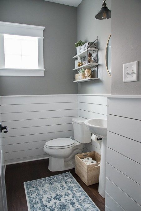 Shiplap Wood Panelling Halfway Up Wall In Powder Room - Shiplap Half Wall Bathroom , Download HD Wallpaper Beautiful Powder Rooms, Makeover Kamar Mandi, Modern Powder Rooms, Modern Powder Room, Diy Wainscoting, Kitchen Ornaments, Modern Toilet, Decor Baie, Basement Bathroom