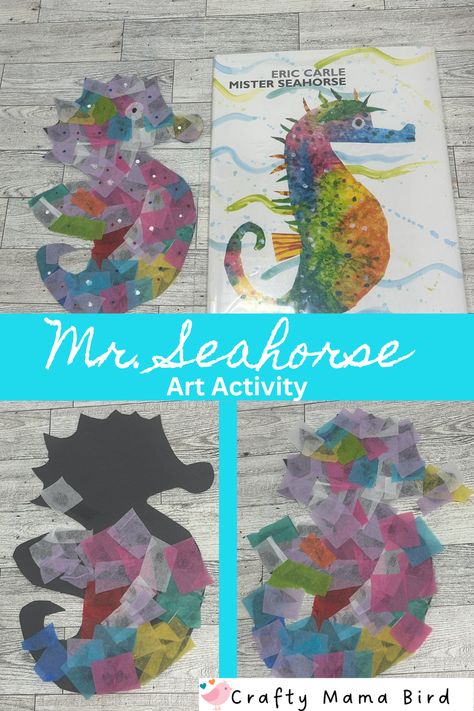 Easy Mr. Seahorse art activity {free template} Mr Seahorse Activities, Ocean Scene Craft, Seahorse Art Preschool, Mister Seahorse Activities Preschool, Seahorse Template Free Printable, Seahorse Craft Preschool, Sea Animal Activities, Seahorse Craft, Fish Crafts Preschool