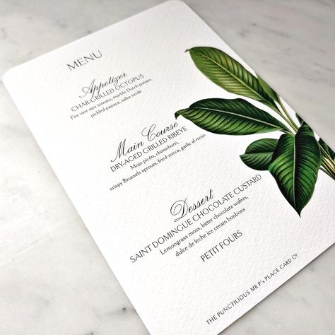 Tropical Foliage - Custom Menu Cards - The Punctilious Mr. P's Place Card Co. Personalized Menu Cards, Pantry Gifts, Summer Ball, Custom Menu, Digital Calligraphy, Ball Ideas, Notes Gift, Paper Place, Tropical Foliage