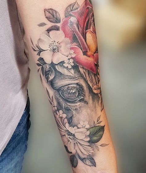 Horse And Floral Tattoo, Sunflower Horse Tattoo, Vintage Horse Tattoo, Horse Shoulder Tattoo, Flower Horse Tattoo, Horse Sleeve Tattoos For Women, Eye Floral Tattoo, Horse Tribute Tattoo, Horse Eye Tattoo