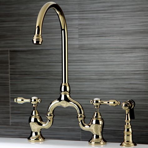 Tudor Double Handle Bridge Faucet with Brass Sprayer Brass Bridge Kitchen Faucet, Bridge Kitchen Faucet, Bridge Faucet, Kitchen Faucet With Sprayer, Faucet Handles, Kingston Brass, Kitchen Sink Faucets, Kitchen Handles, Benjamin Moore