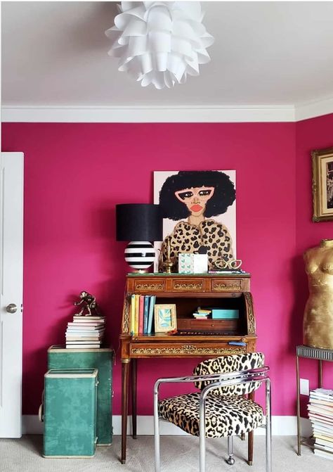 Hot pink wall paint in a glam eclectic home office Hot Pink Wall Paint, Hot Pink Home Decor, Magenta Office, Hot Pink Room, Magenta Walls, Hot Pink Bedrooms, Pink Painted Walls, Hot Pink Walls, Murs Roses