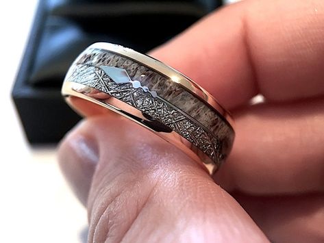 Wedding Bands Rose Gold Antler Ring Meteorite Ring Mens | Etsy Hunting Wedding Rings, His Wedding Ring, Large Gold Ring, Rose Gold Tungsten Ring, Deer Antler Ring, Wedding Rings For Men, Wide Wedding Rings, Wide Wedding Bands, Rose Gold Tungsten