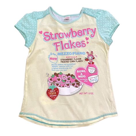 Mezzo piano strawberry flakes. strawberry flakes... - Depop Mezzo Piano Png, Mezzo Piano Shirt, Mezzo Piano Outfit, Pudding Sanrio, Cutecore Pudding, Mezzo Piano Clothes, Heisie Retro, Piano Clothes, Sea Seal