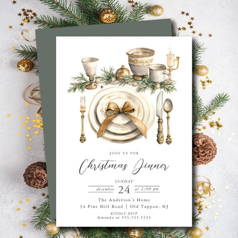 Festive Elegance Christmas Dinner Invitation Christmas Dinner Images, Christmas Invitations Ideas, Christmas Dinner Invitations, Elegant Christmas Dinner, Holiday Dinner Menu, Dinner Place, Christmas Cocktail Party, Dinner Places, Christmas Cocktail