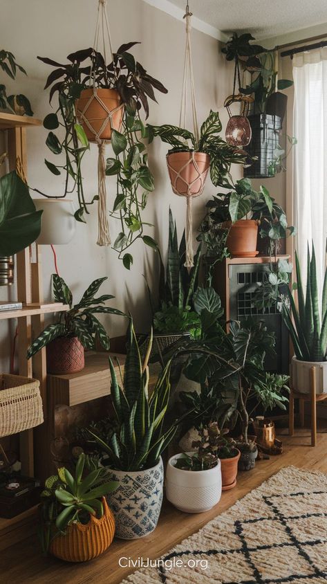 Bring nature indoors with these 14 boho living room plant ideas! From lush hanging plants to potted succulents, these green accents will add a fresh, cozy jungle vibe to your bohemian living space. Jungle Apartment Decor, Jungle Living Room Ideas, Living Room Plant Ideas, Creative Ways To Display Plants, Plant Filled Living Room, Room Decor With Plants, Indoor Plant Room, Ways To Display Plants, Bohemian Plants