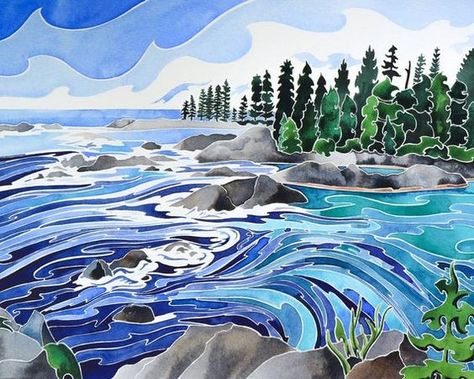 River landscape art painting abstract whitewater current rushing stream trees water sky clouds rocks rocky river rocks Sailboat Life, River Landscape, Coastal Beach Decor, Sketchbook Art, Canadian Art, Ocean Painting, Vancouver Island, Beach Art, Modern Painting