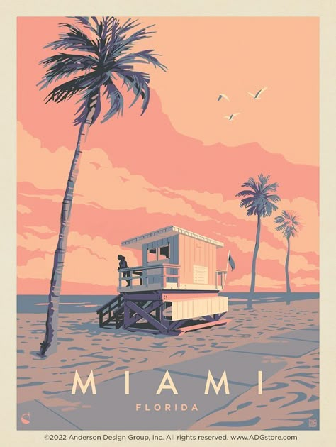 Vintage Travel Posters Florida, Vintage Vacation Posters, Miami Vintage, Art Deco Travel Posters, Trip To Miami, Florida Poster, Postcard Illustration, Vintage Postcards Travel, Water Surfing