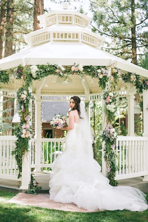 Photography: Linda Arredondo - lindaarredondo.com  Read More: http://www.stylemepretty.com/little-black-book-blog/2014/04/04/whimsical-elegant-tea-party-wedding/ Gazebo Wedding Ceremony, Gazebo Wedding Decorations, Chuppah Flowers, Gazebo Decor, Gazebo Decorations, Wedding Gazebo, Gazebo Ideas, Cheap Wedding Venues, Gazebo Wedding