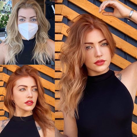 Blonde Hair To Auburn Hair Before And After, Copper Red To Blonde Balayage, Transition From Blonde To Red Hair, Copper Tones In Blonde Hair, Blonde To Cooper Hair, Copper Blonde Bayalage, Copper Blonde With Dark Roots, Adding Red To Blonde Hair, Before And After Copper Hair