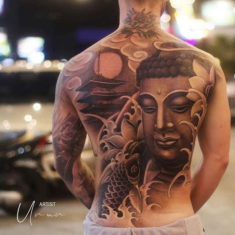 Featuring: Full Back Buddha Tattoo Idea from Celebrity Ink™ Tattoo Phuket Studio. 

Do you want to be reminded of your beliefs and devotions every day? Having symbols tattooed on our bodies remind us to keep going with our lives and do the right thing all the time. In this featured tattoo idea, we can see a full back tattooed with the Buddhism elements. It includes the image of Buddha, fish, water, and temple. It has incredible shading and outline, and it is simply stunning. 

#BuddhaTattoo Buddha Tattoo Back, Buddha Back Tattoo, Tattoo Back Piece, Buddhism Tattoo, Backpiece Tattoo, Cool Back Tattoos, Buddha Tattoo Design, Buddha Tattoos, Back Piece Tattoo