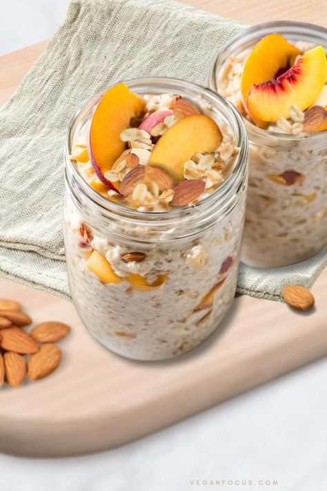 Start your day off right with a quick, healthy, and easy breakfast—try these vegan peach almond overnight oats! This creamy and wholesome breakfast combines hearty rolled oats soaked in almond milk with juicy diced peaches, and a swirl of almond butter and maple syrup. Maple Pecan Granola Recipe, Overnight Oats With Milk, Pecan Granola Recipe, Almond Overnight Oats, Vegan Strawberry Muffins, Oats With Milk, Healthy And Easy Breakfast, Wholesome Breakfast, Vegan Blueberry Muffins