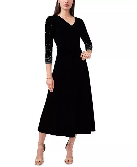 MSK - V-Neck Beaded Midi Dress Embellished Midi Dress, Stretch Knit Dress, Belted Midi Dress, Review Dresses, Night Out Dress, Midi Dress With Sleeves, Petite Dresses, Womens Midi Dresses, Black Midi Dress