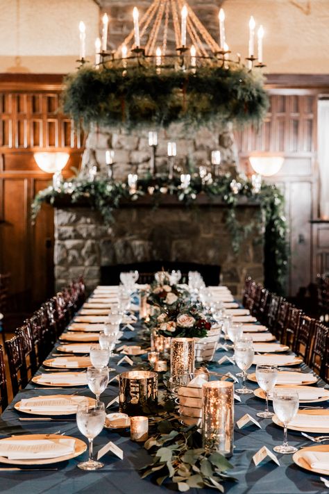 Homewood Asheville Wedding, Winter Wedding Tablescapes, Elegant November Wedding, Classy Winter Wedding, Classy Reception, Blue Winter Wedding, Winter Wedding Venues, Cozy Wedding, Viking Wedding