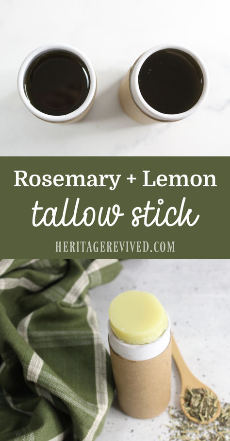 Roll on sticks with beef tallow moisturizer and text "rosemary + lemon tallow stick" Beef Tallow And Honey Face Cream, Diy Beef Tallow For Face, Tallow Lotion Bar Recipe, Beef Tallow Skin Care Recipes, Beef Tallow Skin Care, Tallow Recipes Skin Care, Tallow Body Butter Recipe, Beef Tallow Uses, Tallow Skincare Recipes