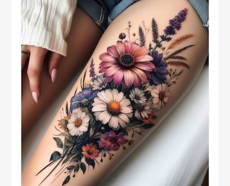 Floral Tattoo With Sunflower, Lavender Floral Tattoo, Thigh Tattoo Cover Up Ideas, Wrist Tattoo Cover Up For Women, Pastel Flower Tattoo, Boho Flower Tattoo, Unique Leg Tattoos Women, Big Cover Up Tattoos For Women, Tattoo Forearm Women