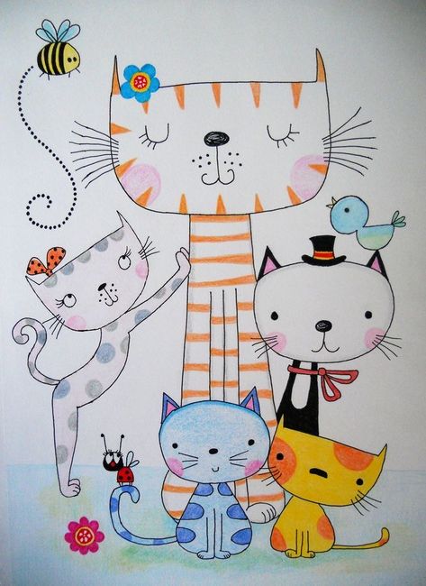 Cats Art Drawing, Doodle Art Flowers, Doodle Art Journals, Cat Cute, Cat Family, Happy Paintings, Doodle Art Designs, Drawing Lessons, Cartoon Clip Art