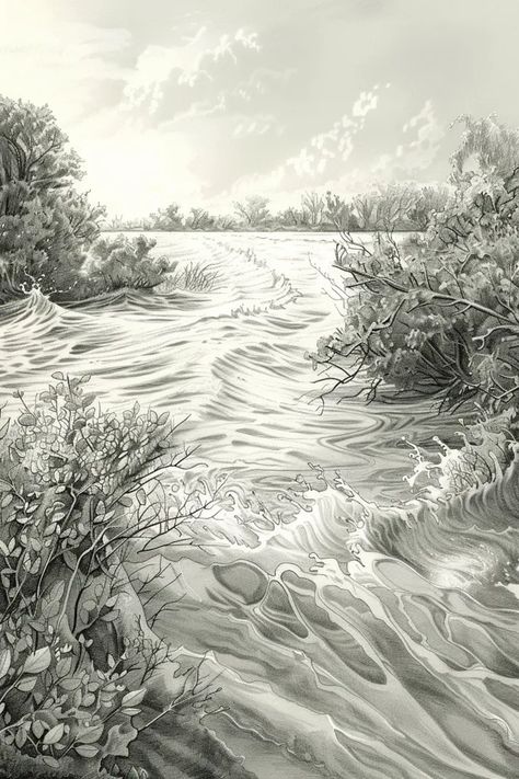 Midjourney AI Image: A pen-drawn depiction of a stormy, flooded river with clearly defined banks lined with leafy bushes ... → more in ai-img-gen.com Water Flood Drawing, Waves Sketch, White Pencil Drawing, Rushing Water, Inspirational Digital Art, Water Flood, Photography Movies, Water Drawing, River Art