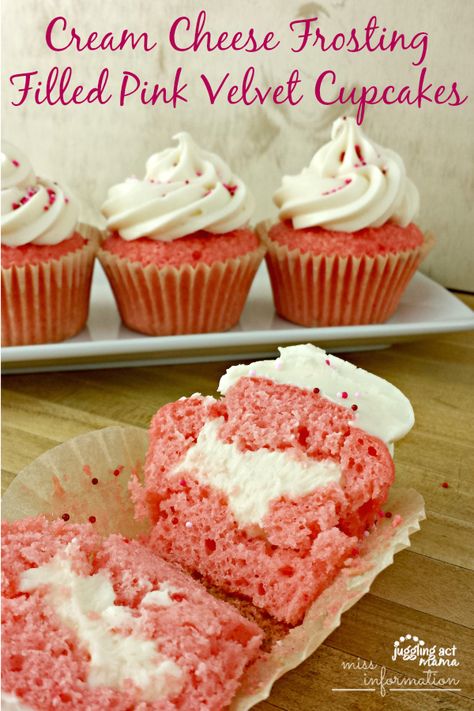 Cream Cheese Frosting Filled Pink Velvet Cupcakes from Juggling Act Mama Valentines Cakes, Pink Velvet Cupcakes, Valentine Day Cupcakes, Valentines Cupcakes, Valentine's Day Printables, Velvet Cupcakes, Truffle Recipe, Red Velvet Cupcakes, Edible Gifts