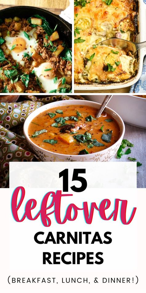 Got leftover carnitas, or pulled pork?? Check out these 15 recipe ideas for how to use up leftover carnitas for a super DELICIOUS dinner! Lots of budget-friendly, family dinner ideas here great for weeknights, including gluten-free and low-carb dinners with carnitas. So go ahead make a big batch or your favorite carnitas recipe, you will NOT be disappointed in the leftovers! A great way to save on groceries! Pork Carnitas Dinner Ideas, Carnitas Recipes Leftover, Leftover Pork Carnitas Recipe, Leftover Carnitas Recipes, Pulled Pork Leftover, Recipes Pulled Pork, Pork Leftover Recipes, Pulled Pork Dishes, Carnitas Recipes