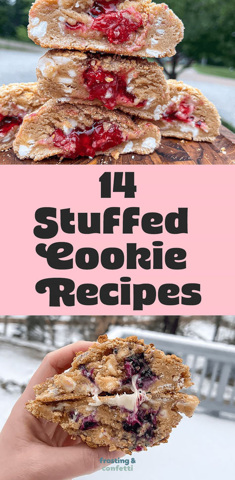 Discover 14 mouthwatering stuffed cookie recipes that will take your dessert game to the next level! From gooey caramel-filled cookies to decadent Nutella-stuffed treats, get ready to indulge in a burst of flavor. Try these amazing recipes today and treat your taste buds to a heavenly experience Hazelnut Stuffed Cookies, Stuffed Caramel Cookies, Oatmeal Stuffed Cookies, Desserts With Cookies, Twix Stuffed Cookies, Huge Stuffed Cookies, Stuffed Nyc Cookies, Rare Cookie Recipes, Chewy Gooey Cookies