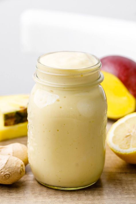 Creamy Lemon Ginger Morning Smoothie for Good Gut Health - Healthy Substitute Creamy Smoothie Recipes Healthy, Refreshing Smoothies, Healthy Gut Smoothie Recipes, Ginger Drinks Healthy, Whole 30 Smoothie Recipes, Morning Drink For Gut Health, Morning Digestive Drink, Gut Healthy Desserts, Gut Healing Smoothie