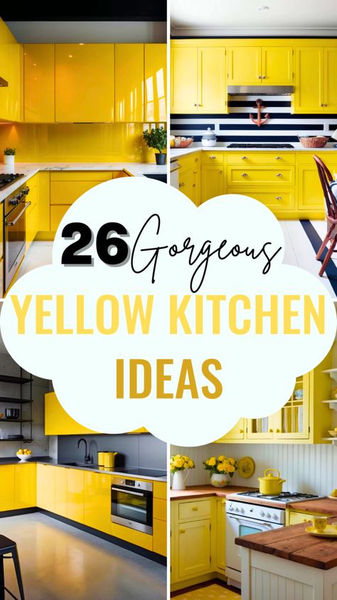 26 Stunning Yellow Kitchen Ideas to Brighten Up Your Home - Style Zuri Yellow Kitchen Paint, Kitchen Interior Colour Combination, Yellow Kitchen Ideas, Vintage Yellow Kitchen, Yellow Kitchens, Yellow Painted Walls, Yellow Kitchen Designs, Kitchen Color Yellow, Yellow Kitchen Cabinets