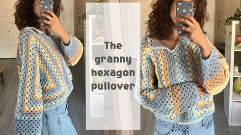 The granny hexagon pullover crochet tutorial Hexagon Granny Square Pullover, Granny Hexagon Crochet Sweater, Crochet Granny Pullover, Crochet Granny Square Hexagon Cardigan Free Pattern, Hexagon Pullover Crochet Pattern, Crochet Hexagon Hoodie, Crochet Sweater Hexagon, Crochet Granny Square Sweater Layout, Crochet Hexagon Pullover Pattern Free