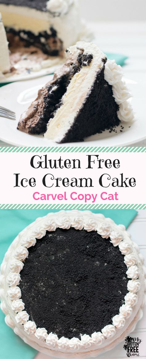 Gluten Free Ice Cream Cake (Carvel Copy Cat) with a crunchy chocolate cookie layer is the perfect birthday party addition or summer treat! Super easy to make! via @GLUTENFREEMIAMI Dairy Free Ice Cream Recipe, Gluten Free Ice Cream Cake, Desserts Restaurant, Gluten Free Chocolate Cookies, Dessert Restaurant, Dessert Restaurants, Gluten Free Ice Cream, Crunchy Chocolate, Easy Ice Cream Recipe