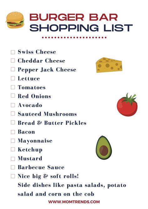 Free printable burger bar shopping list. #partyidea #party #burgerbar #summerfun Burger Bar Toppings List, Cheeseburger Bar Party, Burger Birthday Party Ideas, Burger Bar Wedding Receptions, Hamburger Party Ideas Summer Burger Bar, Hamburger Bar Ideas Birthday Parties, Burger Bar Party Food Stations, Burger Bash Birthday, Hamburger Party Bar Food Ideas