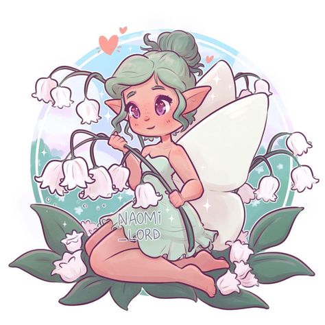 Naomi Lord on Instagram: “✨🌸 Fun fact May’s birth month flower is the Lily of the Valley!! so here’s my May fairy! 🌸✨ Do you have a favourite type of flower? 😄💕 •…” Lily Of The Valley Character Design, Lily Of The Valley Cartoon, Lily Of The Valley Drawing, Lily Of The Valley Fairy, Naomi Lord Art, Naomi Lord, Fairy Character, Kawaii Pictures, Lily Valley