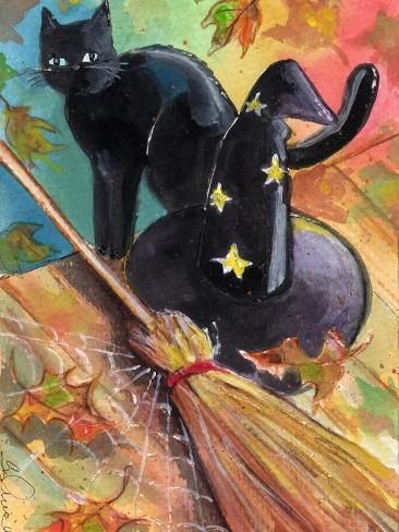 size: 12x9in Art Print: Witches Hat and Black Cat Halloween by sylvia pimental : Artists Spooky Black, Hand Painted Cat, Halloween Moon, Witches Hat, Halloween Artwork, Holiday Painting, Geometric Animals, Cat Halloween, Leaf Wall Art