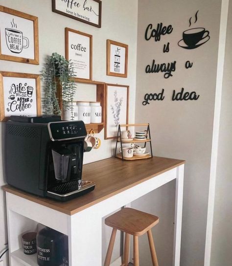 Coffe Corners Design, Coffe Corners Ideas, Bodbyn Ikea, Coffee Corner Kitchen, Coffee Shelf, Home Bar Ideas, Coffee Station Kitchen, Coin Café, Kitchen Countertop Decor