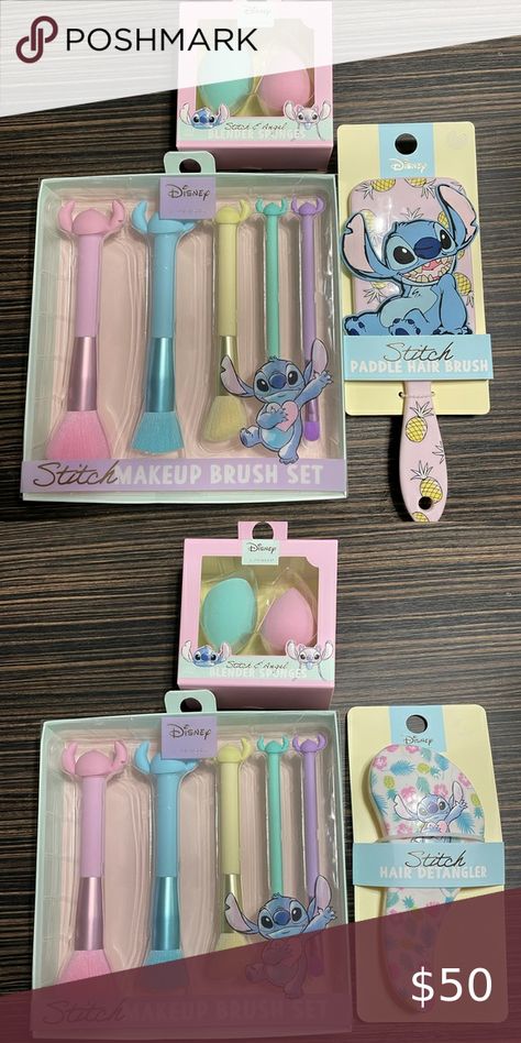 NWT Lilo amd stitch hair brush, makeup brish, and face sponges Stitch Disney Stuff, Stitch Make Up, Stitch Makeup Disney, Stitch Gifts Disney, Lilo And Stitch Makeup, Stitch Skincare, Stitch Stanley, Stitch Vanity, Stitch Makeup