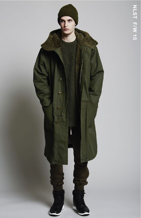 NLST F/W 15 MEN #NLST #FW15 #ARMY #menswear Men Outfit Reference, Parka Jacket Outfit Men, Chinese Male Fashion, Mens Military Fashion, Parka Outfit Men, Parka Jacket Men, Parka Outfit, Parka Men, Men Parka