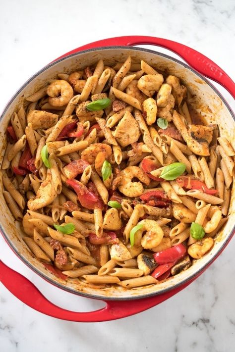 Cajun Chicken and Shrimp Pasta - A Hedgehog in the Kitchen Cajun Chicken And Shrimp Pasta, One Pot Chicken Fajita Pasta, Cajun Chicken And Shrimp, Jerk Chicken Pasta, Fajita Pasta, Fajita Seasoning Mix, Rasta Pasta, Chicken Fajita Pasta, Creamed Onions