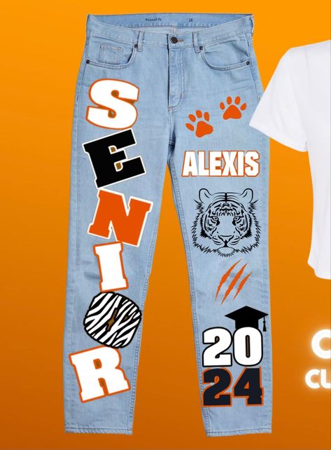 Senior Class Of 2025 Pants, Senior Pictures Pants, Senior Jeans Orange And Black, Senior Jeans Painted 2025, Hoco Jeans, Senior Painted Jeans, Graduation Pictures Outfits, Senior Pants, Spirit Jeans