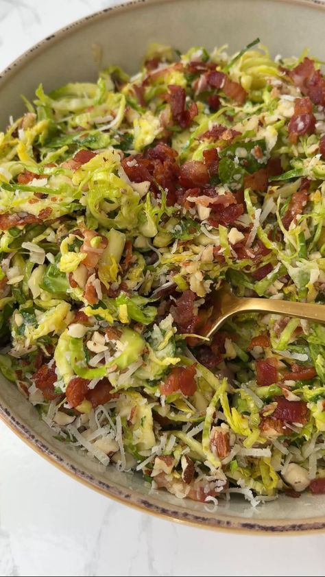 Margie Nomura (@desertislanddishes) • Instagram photos and videos Brussels Bacon, Shaved Brussel Sprouts, Brussels Sprouts With Bacon, Keto Sides, Sprout Salad, Quick Side Dishes, Bacon Brussel Sprouts, Sprouts Salad, Brussel Sprout Salad